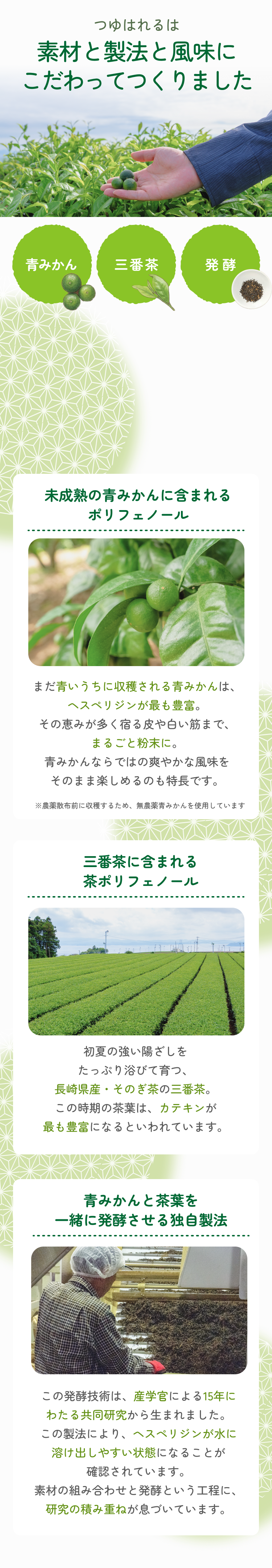 青みかん発酵茶「つゆはれる」は、素材と製法と風味にこだわってつくりました。