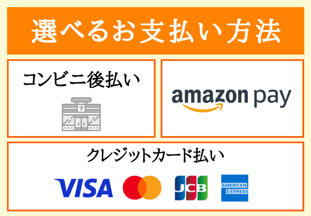 選べるお支払い方法：コンビニ払い、Amazon pay、クレジットカード払い